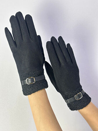 PAMUKLU KÜRK VE DERİ KEMER DETAYLI DOKUNMATİK PARMAK KADIN ELDİVEN