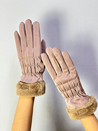 İÇİ KÜRKLÜ PARLAK DOKUNMATİK PARMAK LASTİKLİ KADIN ELDİVEN