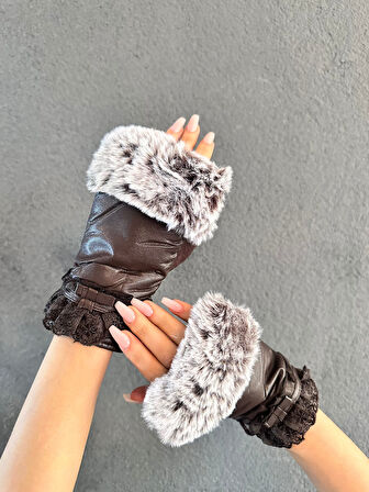 KÜRKLÜ PARMAKSIZ DANTELLİ DERİ  KADIN ELDİVEN