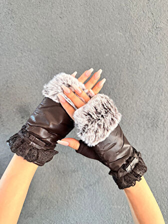 KÜRKLÜ PARMAKSIZ DANTELLİ DERİ  KADIN ELDİVEN