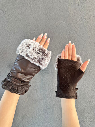 KÜRKLÜ PARMAKSIZ DANTELLİ DERİ  KADIN ELDİVEN