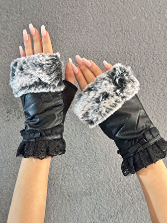 KÜRKLÜ PARMAKSIZ DANTELLİ DERİ  KADIN ELDİVEN