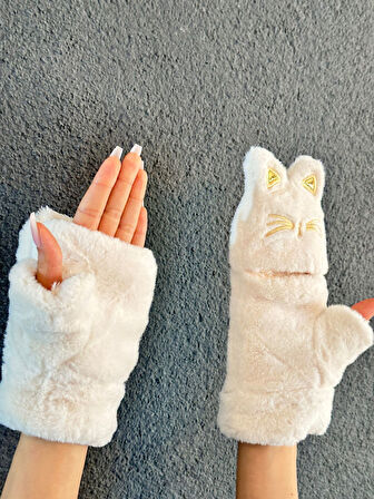 PELUŞ NAKIŞ İŞLEME KEDİ AÇILIR PARMAKLI İÇİ KÜRKLÜ ELDİVEN