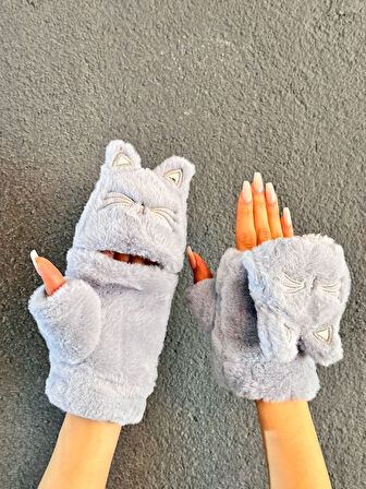 PELUŞ NAKIŞ İŞLEME KEDİ AÇILIR PARMAKLI İÇİ KÜRKLÜ ELDİVEN