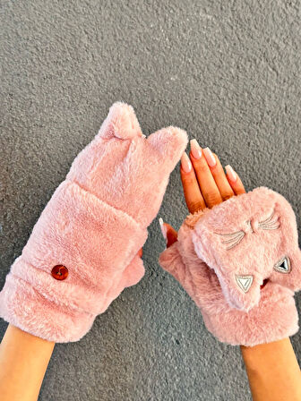PELUŞ NAKIŞ İŞLEME KEDİ AÇILIR PARMAKLI İÇİ KÜRKLÜ ELDİVEN