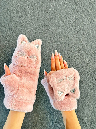 PELUŞ NAKIŞ İŞLEME KEDİ AÇILIR PARMAKLI İÇİ KÜRKLÜ ELDİVEN