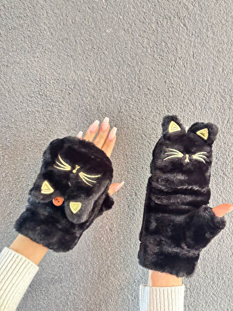 PELUŞ NAKIŞ İŞLEME KEDİ AÇILIR PARMAKLI İÇİ KÜRKLÜ ELDİVEN