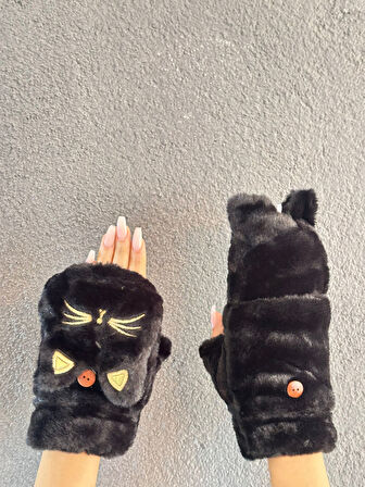 PELUŞ NAKIŞ İŞLEME KEDİ AÇILIR PARMAKLI İÇİ KÜRKLÜ ELDİVEN