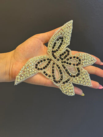 BONCUK VE ZİRKON TAŞ İŞLEME KELEBEK ARMA DİKİŞ APLİKE 17X14 CM