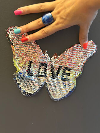 ÜTÜ İLE YAPIŞAN RENKLİ DEĞİŞEBİLEN PAYETLİ KELEBEK ARMA DİKİŞ APLİKE  19X16 CM