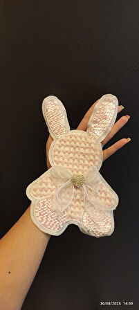 DOKUMA PUL PAYETLİ ZİRKON TAŞ KALPLİ TAVŞAN ARMA DİKİŞ APLİKE 25X16 CM