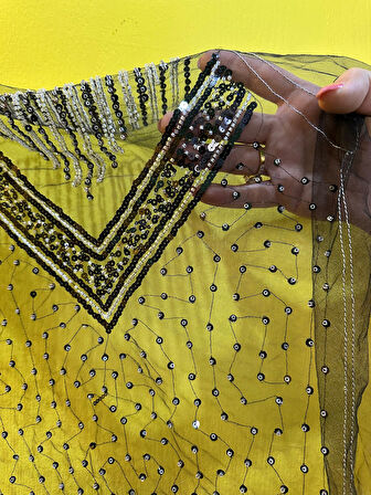 SİYAH BONCUK PAYET İŞLEME YAKA DİKİŞ APLİKE 63X35 CM