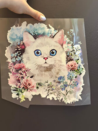ÜTÜ İLE YAPIŞAN MAVİ GÖZLÜ BEYAZ KEDİ TRANSFER BASKI ARMA 22X22 CM
