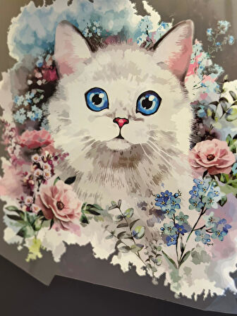 ÜTÜ İLE YAPIŞAN MAVİ GÖZLÜ BEYAZ KEDİ TRANSFER BASKI ARMA 22X22 CM