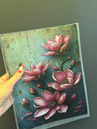 ÜTÜ İLE YAPIŞAN PEMBE LOTUS TRANSFER BASKI ARMA 24X19 CM