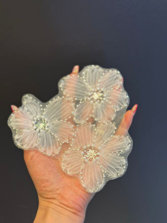 3 LÜ BONCUK İŞLEME ÇİÇEK ARMA SET APLİKE 16X16 CM