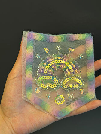 14X12 CM BONCUK PUL İŞLEME GÖKKUŞAĞI RENKLİ CEP ARMA DİKİŞ APLİKE