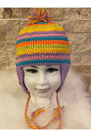 RENKLİ ÖRGÜ PÜSKÜLLÜ ÇOCUK BERE 