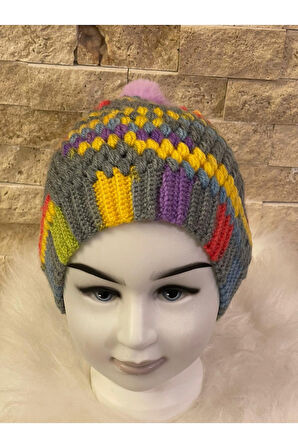 RENKLİ KABARTMA ÖRGÜ PONPONLU  ÇOCUK BERE