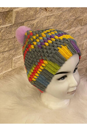 RENKLİ KABARTMA ÖRGÜ PONPONLU  ÇOCUK BERE