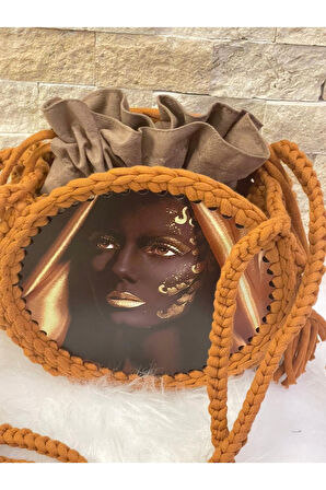 ÖZEL TASARIM ETNİK DESENLİ BOHEM MDF ASKILI ÇANTA BÜZGÜLÜ TORBA İÇLİ 23X23CM