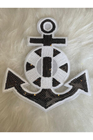 24X26 CM TASARIM DENİZ ÇAPA SİYAH PUL PAYETLİ APLİKE YAMA ARMA NAKIŞ ÜTÜ İLE YAPIŞIR