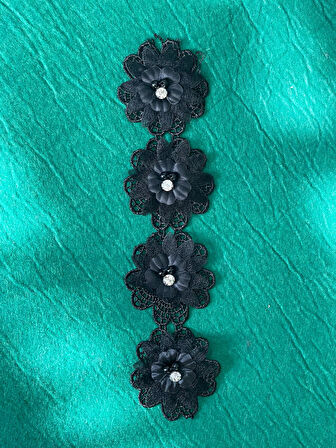 7X5 CM 'LÜ ZİRKON TAŞLI SİYAH ÇİÇEK APLİK ARMA YAMA