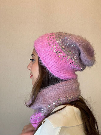 KADIN BERE BOYUNLUK TAKIM PUL PAYETLİ EL ÖRGÜSÜ YUMUŞAK SET TAKIM