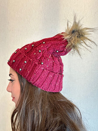 EL ÖRGÜSÜ ÇELİK BONCUKLU SAÇ ÖRGÜSÜ KADIN BERE PONPONLU