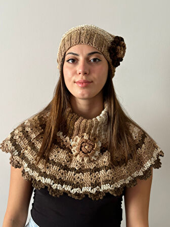 EL ÖRGÜSÜ ÇİÇEKLİ RENKLİ KADIN BERE BOYUNLUK BOLERO TAKIM