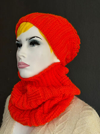 EL ÖRGÜSÜ %100 YUMUŞAK YÜN DESENLİ KADIN BERE BOYUNLUK SET