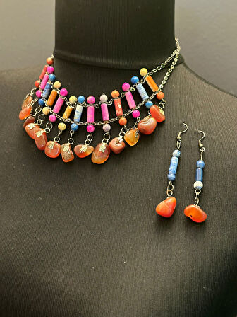 RENKLİ DOĞAL TAŞLI TASARIM KADIN KOLYE KÜPE SETİ