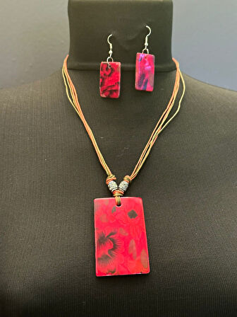 EL BOYAMA SEDEF TAŞLI ÇİÇEKLİ ETNİK KOLYE KÜPE SET BOY 23 CM