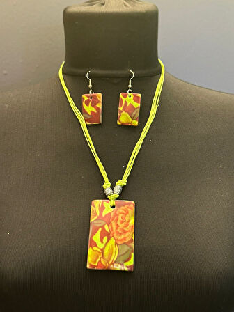 EL BOYAMA SEDEF TAŞLI ÇİÇEKLİ ETNİK KOLYE KÜPE SET BOY 23 CM