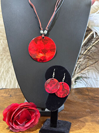 EL BOYAMA ÇİÇEKLİ SEDEF TAŞLI KADIN KOLYE KÜPE SET BOY 23 CM