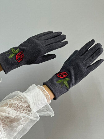 çiçek nakışlı dokunmatrik parmaklı kaşmir kadın eldiven