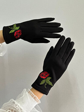 çiçek nakışlı dokunmatrik parmaklı kaşmir kadın eldiven