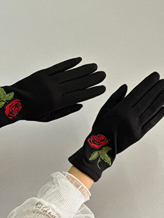 çiçek nakışlı dokunmatrik parmaklı kaşmir kadın eldiven