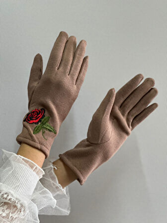 çiçek nakışlı dokunmatrik parmaklı kaşmir kadın eldiven