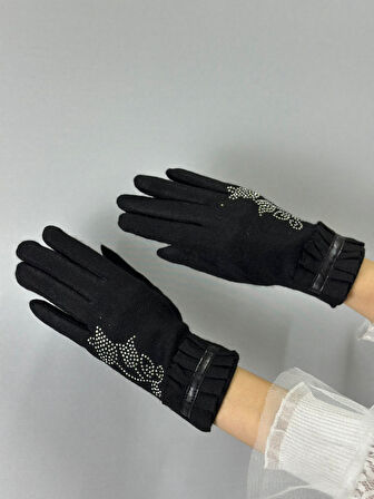 ÇİÇEK DESENLİ FIRFIRLI DOKUNMATİK PARMAK KADIN ELDİVEN KAŞMİR