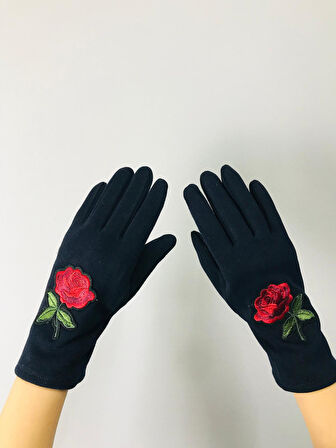 KAŞMİŞ NAKIŞ İŞLEME ÇİÇEKLİ DOKUNMATİK PARMAK KADIN ELDİVEN