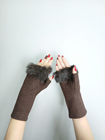 KAHVERENGİ KAŞMİR KÜRKLÜ PARMAKSIZ KADIN ELDİVEN