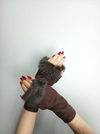 KAHVERENGİ KAŞMİR KÜRKLÜ PARMAKSIZ KADIN ELDİVEN