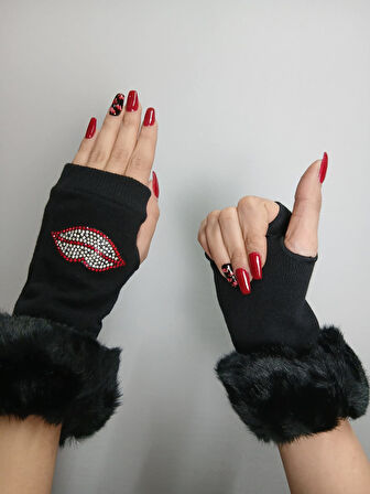 SİYAH KÜRKLİ PARMAKSIZZZ TAŞLI DUDAKLI KADIN ELDİVEN