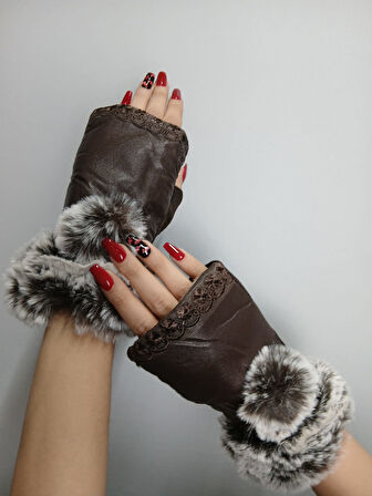 POBPON KÜRKLÜ SUNİ DERİ PARMAKSIZ KADIN ELDİVEN