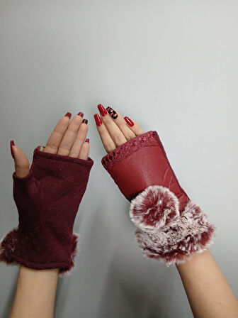 POBPON KÜRKLÜ SUNİ DERİ PARMAKSIZ KADIN ELDİVEN