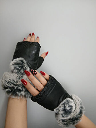 POBPON KÜRKLÜ SUNİ DERİ PARMAKSIZ KADIN ELDİVEN