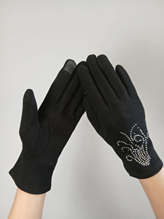 KAŞMİR TAŞ İŞLEME KADIN SİYAH ELDİVEN DOKUNMATİK PARMAK