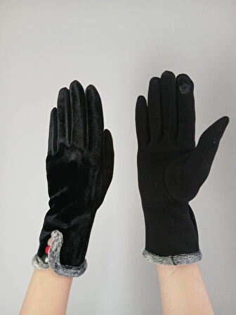 SİYAH KADİFE RENKLİ DÜĞMELİ KADIN ELDİVEN