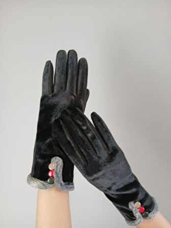 SİYAH KADİFE RENKLİ DÜĞMELİ KADIN ELDİVEN